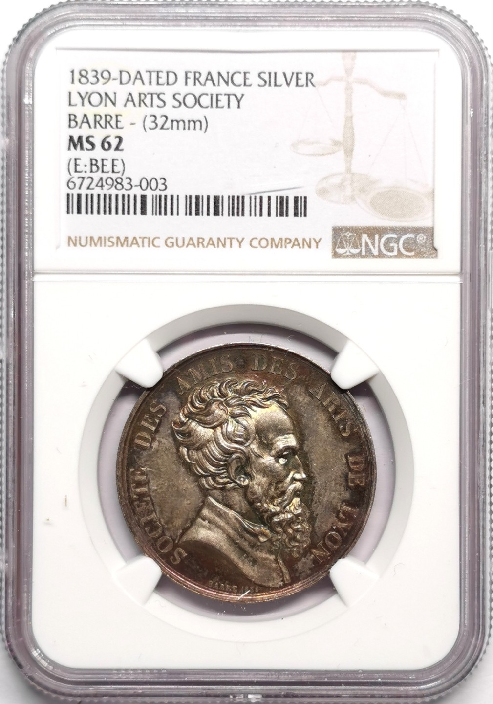 凡希社世界钱币微拍第二百三十三期 1839法国里昂艺术协会纪念银章NGC-MS62Barre作品！