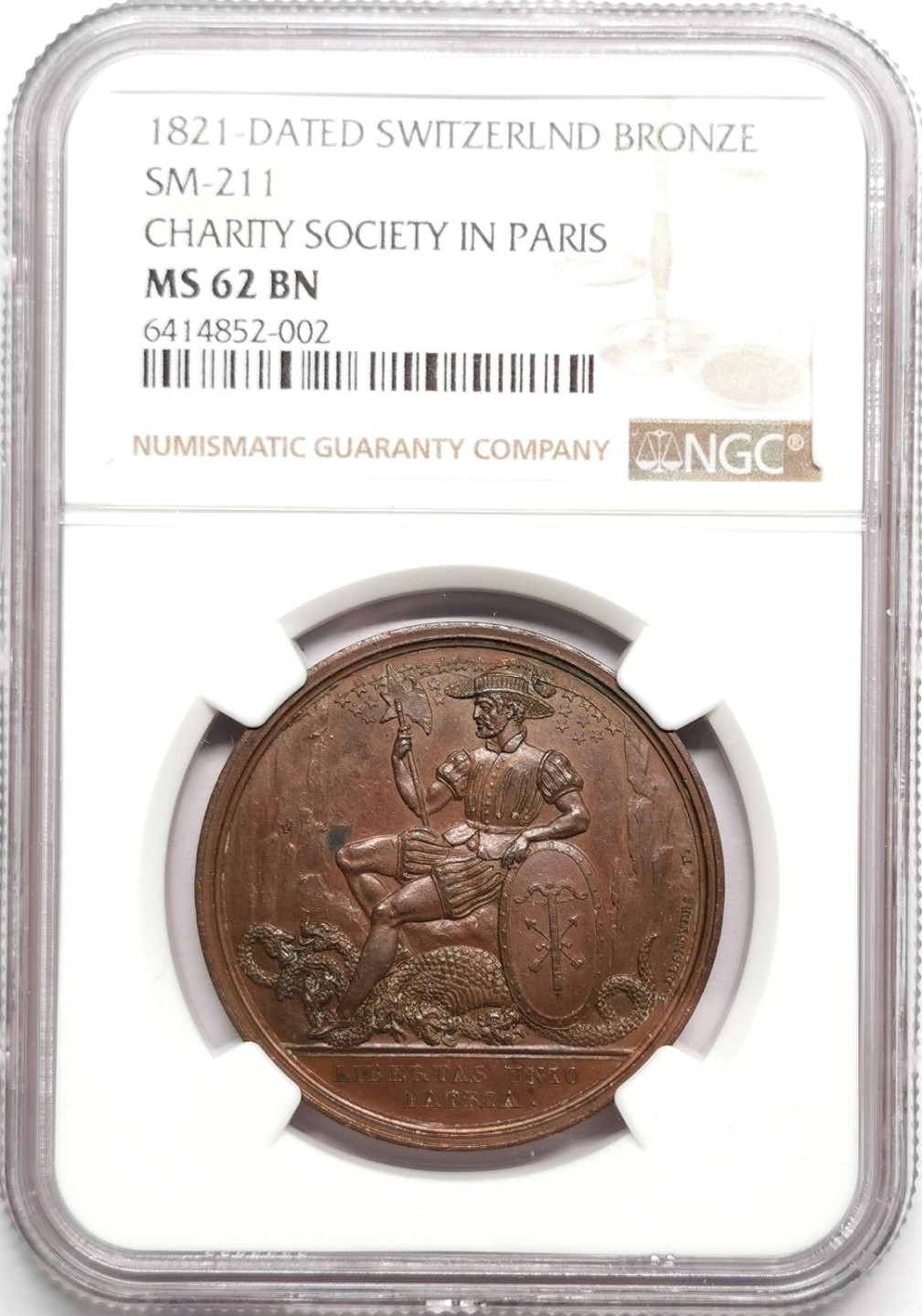 凡希社世界钱币微拍第二百三十三期 1821瑞士慈善协会巴黎分会纪念铜章NGC-MS62