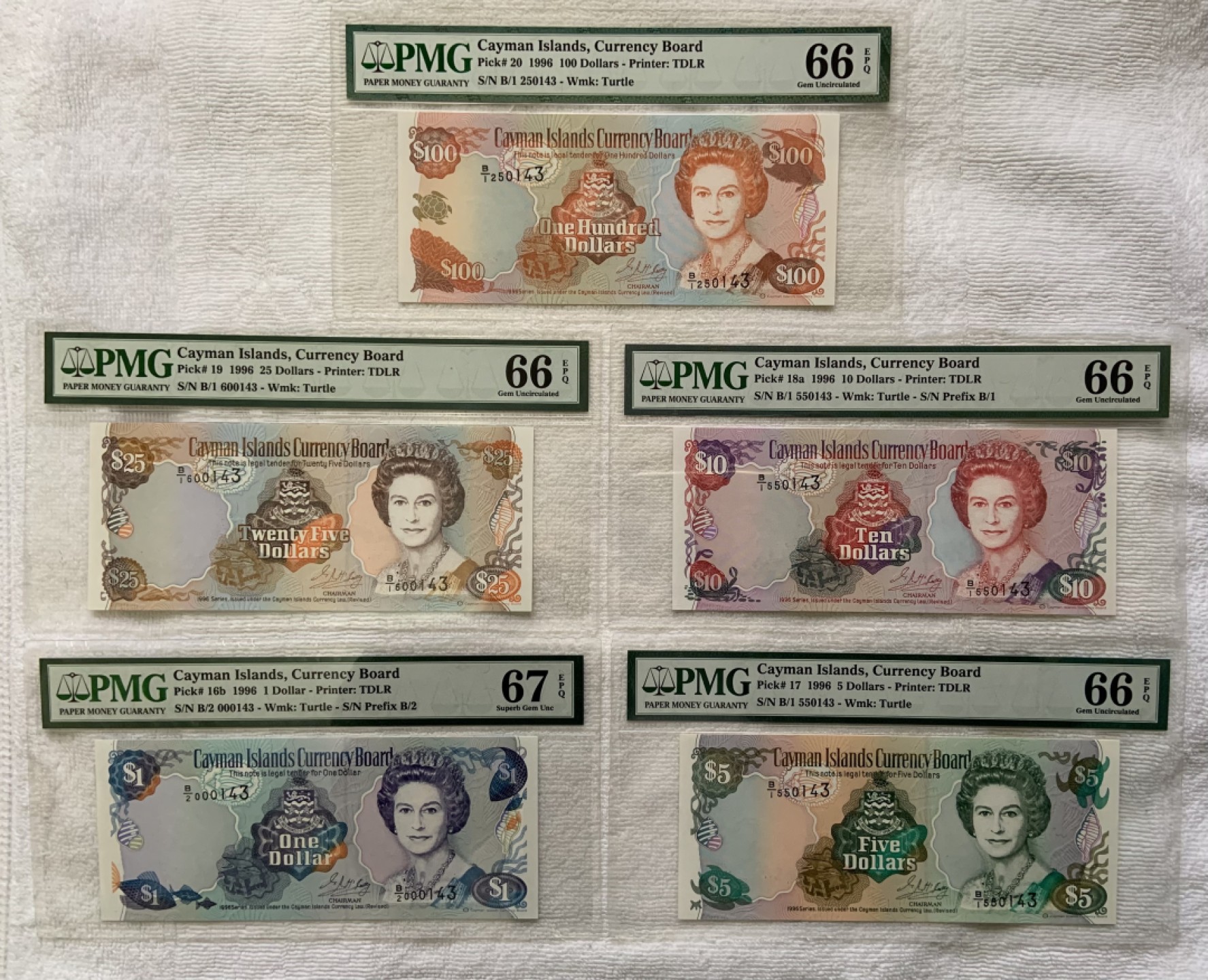 收藏联盟Quantum Auction 第243期拍卖 已更新 开曼群岛1996年1-100尾4同 PMG66-67 该版没有50面值
