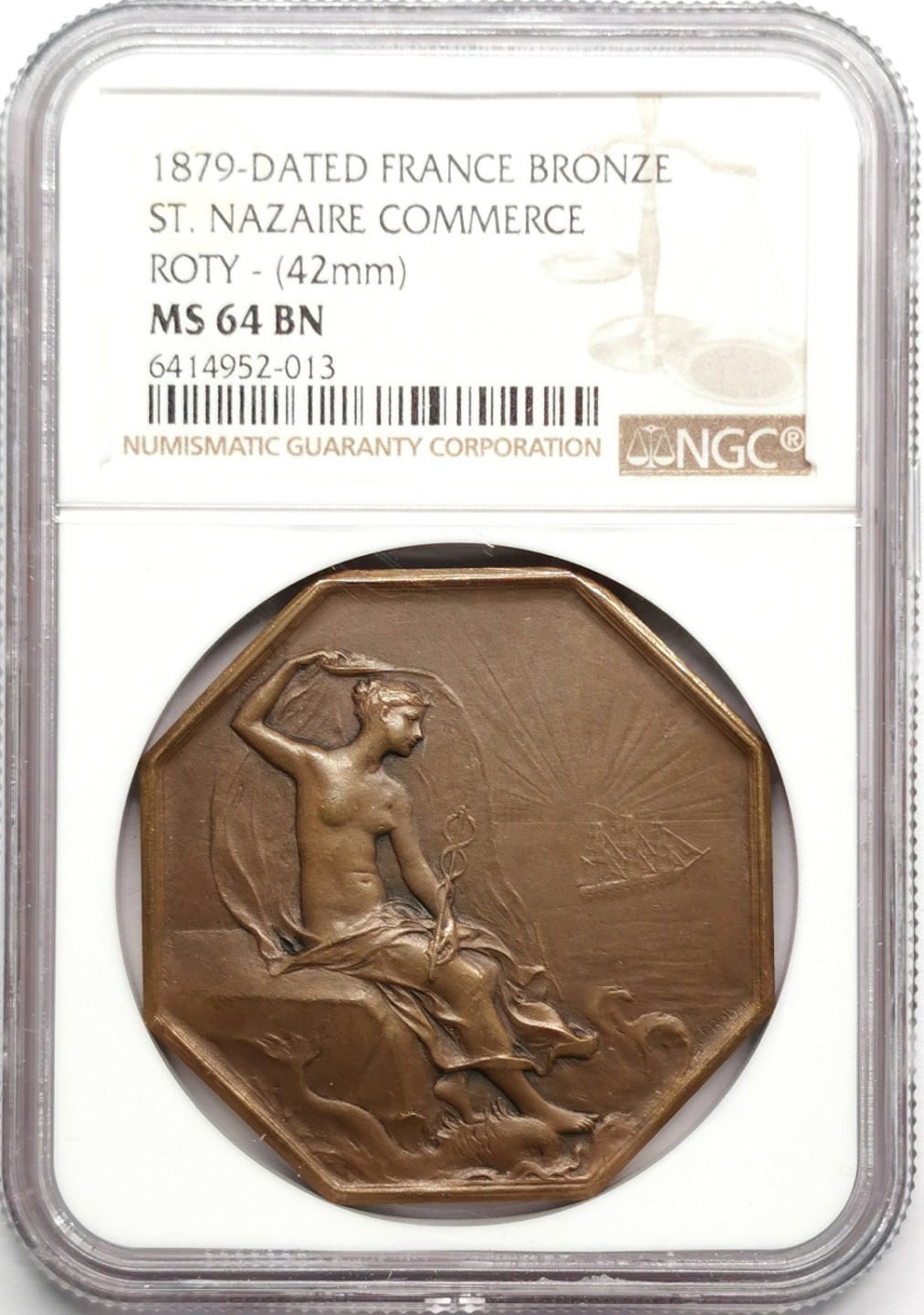 凡希社世界钱币微拍第二百三十三期 1879法国圣纳泽尔商会八角铜章NGC-MS64 Roty作品！