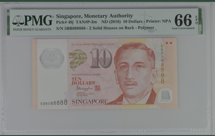 收藏联盟Quantum Auction 第243期拍卖 已更新 新加坡2016年10元 PMG66 大象号88888 圆圆号 倒置号