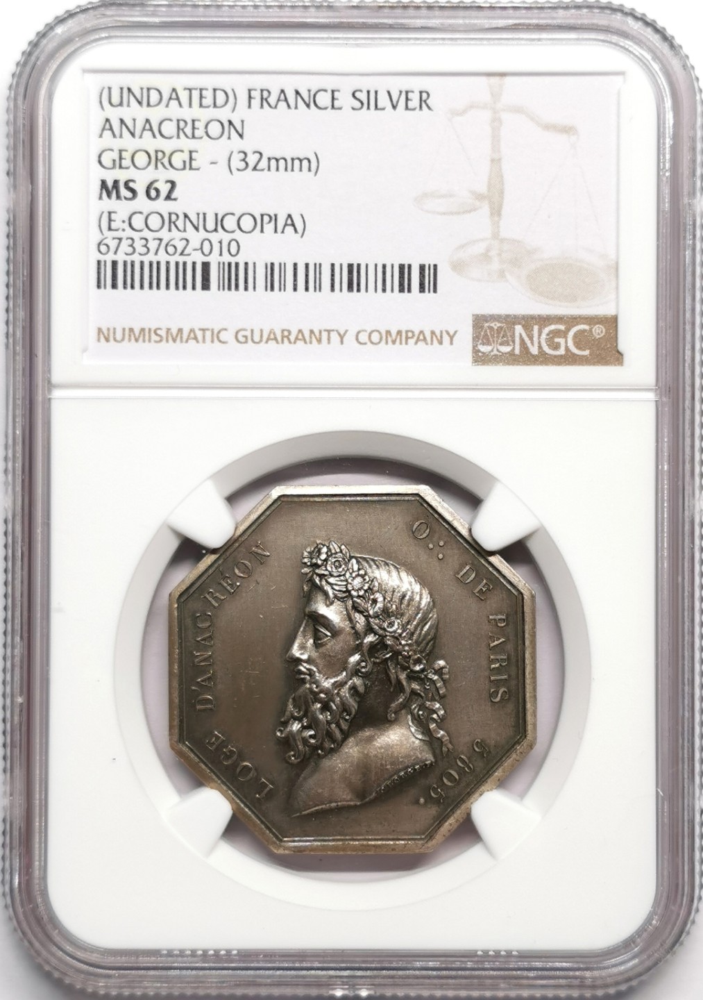 凡希社世界钱币微拍第二百三十三期 十九世纪法国古希腊诗人阿那克里翁八角银章NGC-MS62少见品种！