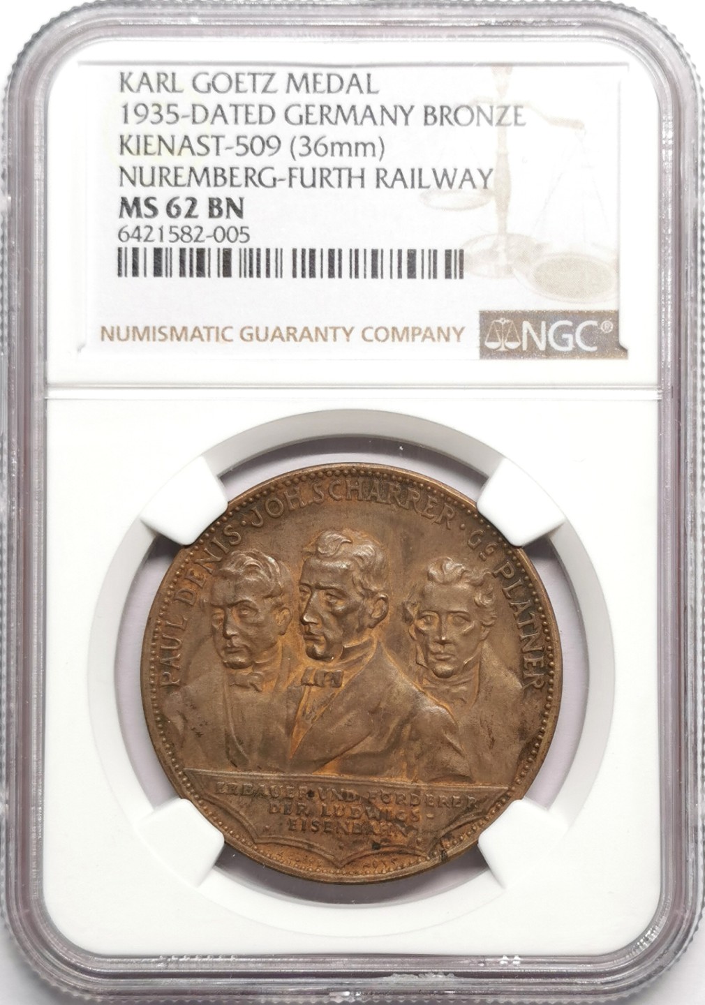 凡希社世界钱币微拍第二百三十三期 1935德国纽伦堡-菲尔特铁路百年纪念铜章NGC-MS62哥茨作品！