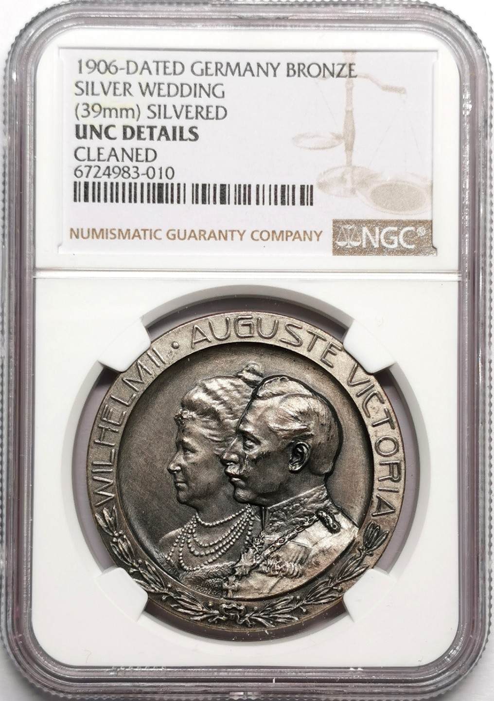 凡希社世界钱币微拍第二百三十三期 1906德国威廉二世银婚纪念铜镀银章NGC-UNCD
