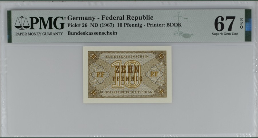 收藏联盟Quantum Auction 第243期拍卖 已更新 德国联邦1967年10芬尼 PMG67 十分少见低面值纸币