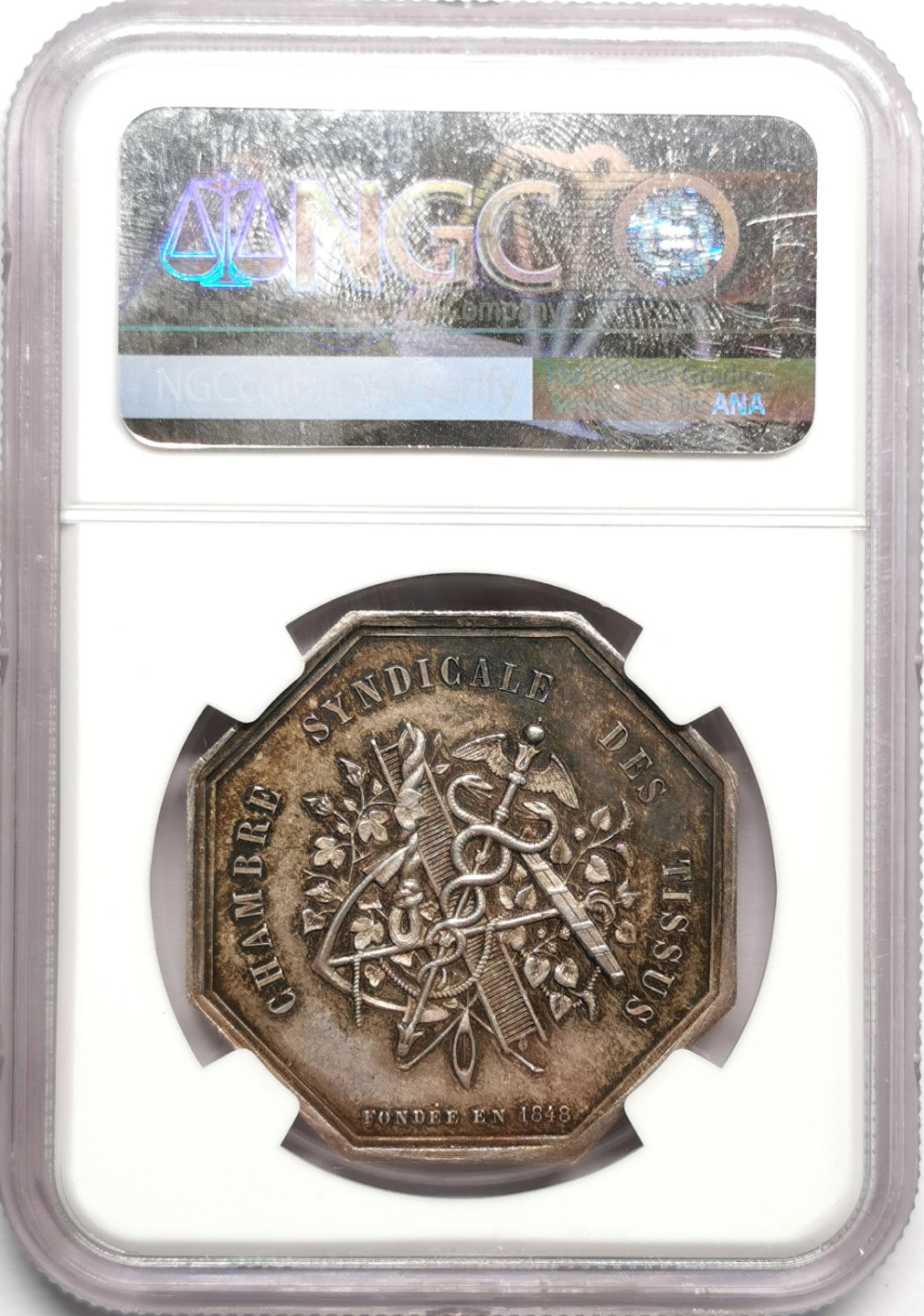 凡希社世界钱币微拍第二百三十三期 1848法国塞纳河织物工坊八角银章NGC-MS64原味包浆！