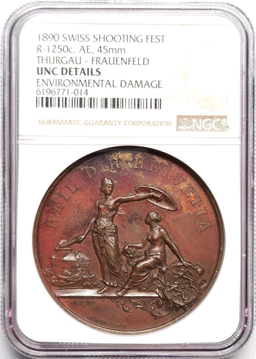 凡希社世界钱币微拍第二百三十三期 1890瑞士图尔高弗劳恩费尔德射击节纪念铜章NGC-UNCD