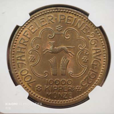 1923年德国德紧派内10000Kippe猫头鹰大铜币 NGC MS66