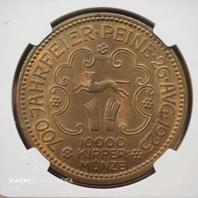 1923年德国德紧派内10000Kippe猫头鹰大铜币 NGC MS66