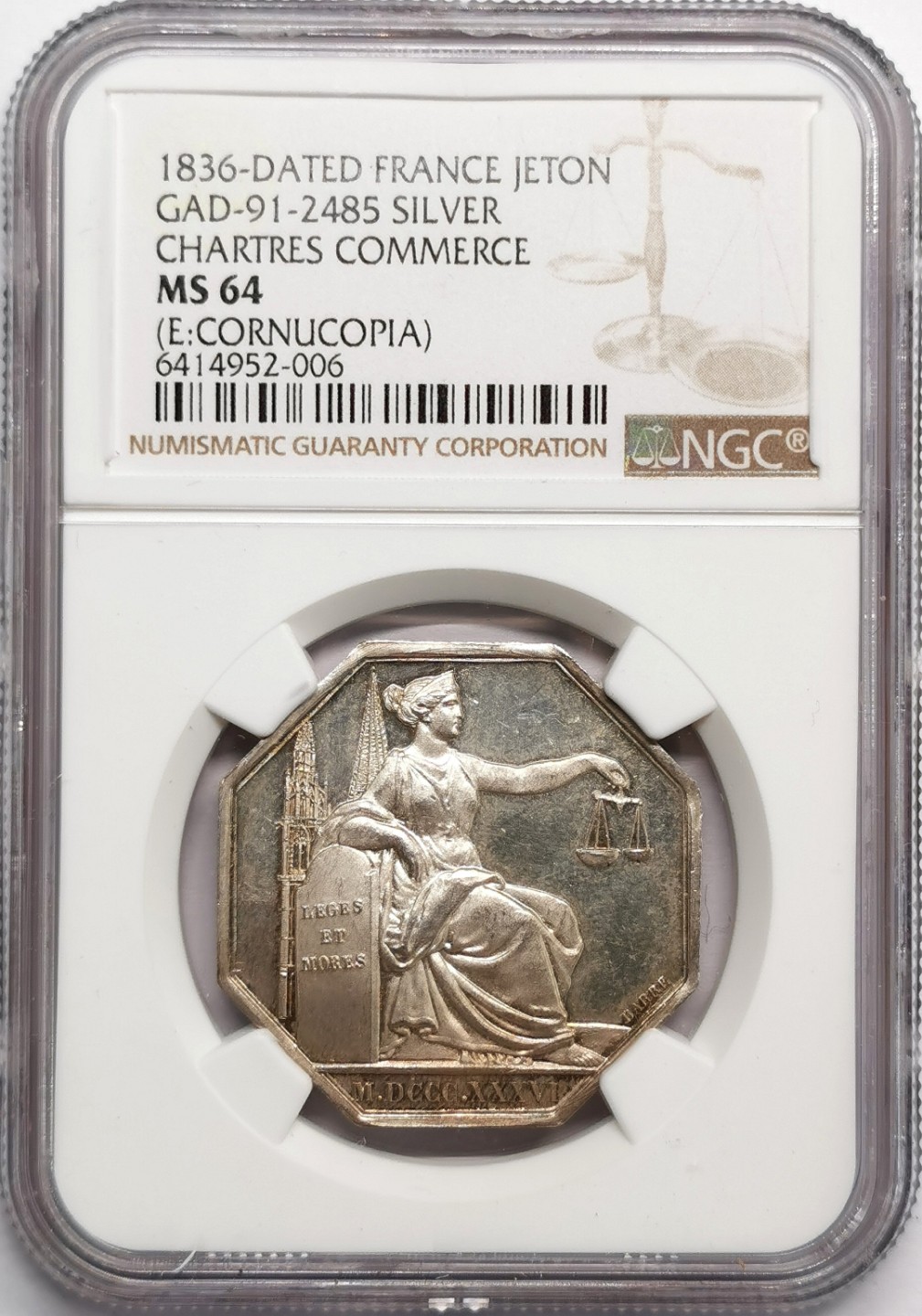 凡希社世界钱币微拍第二百三十三期 1836法国沙特尔商会八角银章NGC-MS64