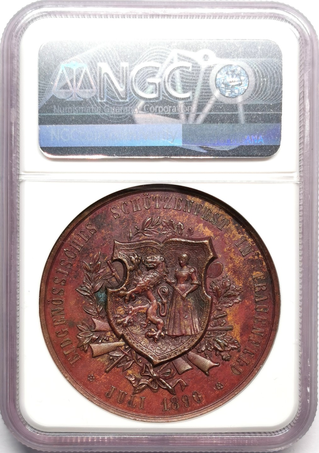 凡希社世界钱币微拍第二百三十三期 1890瑞士图尔高弗劳恩费尔德射击节纪念铜章NGC-UNCD