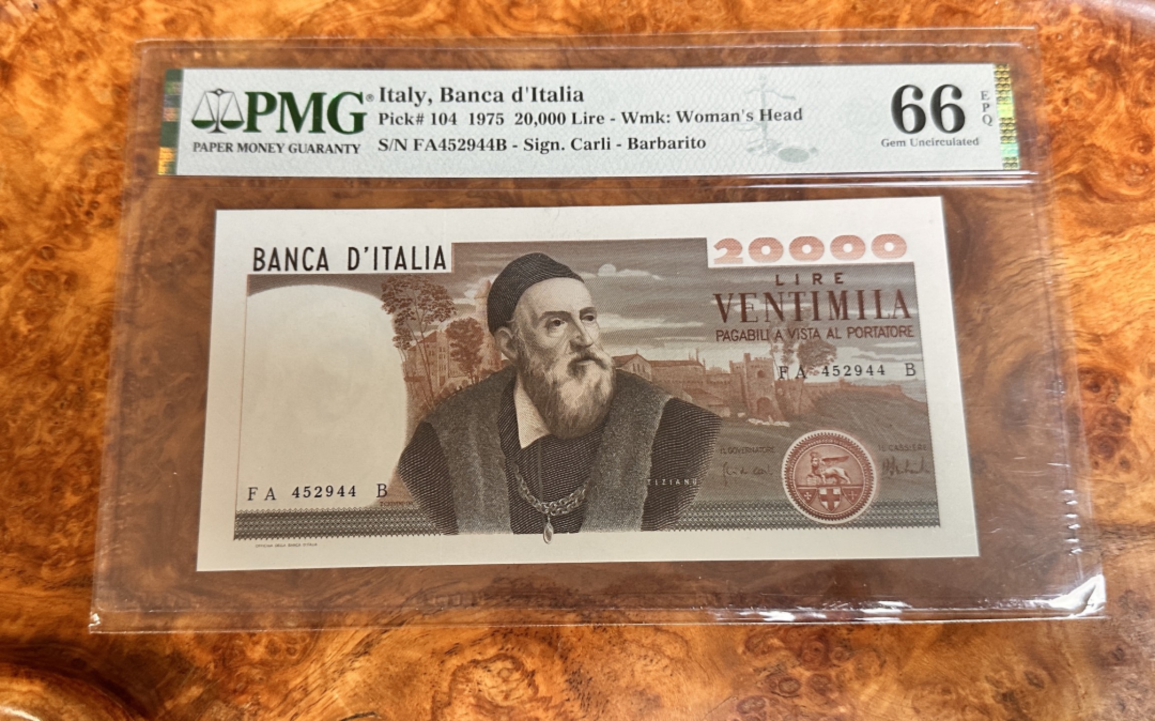 Chase Auction 第20期 - - 外钞、民国钞和人民币混合场！ 1975年意大利20000里拉，PMG66，画家提香！