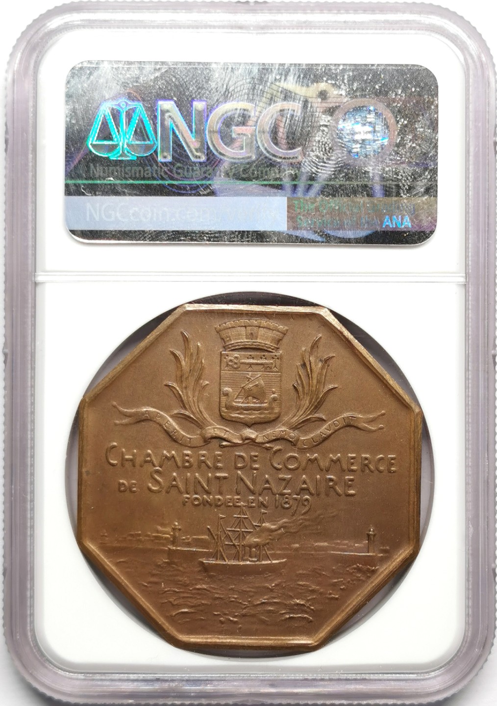 凡希社世界钱币微拍第二百三十三期 1879法国圣纳泽尔商会八角铜章NGC-MS64 Roty作品！
