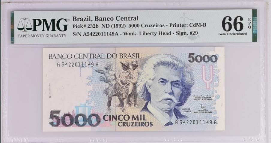 收藏联盟Quantum Auction 第243期拍卖 已更新 巴西1992年5000克鲁兹 PMG66