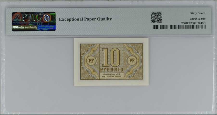 收藏联盟Quantum Auction 第243期拍卖 已更新 德国联邦1967年10芬尼 PMG67 十分少见低面值纸币
