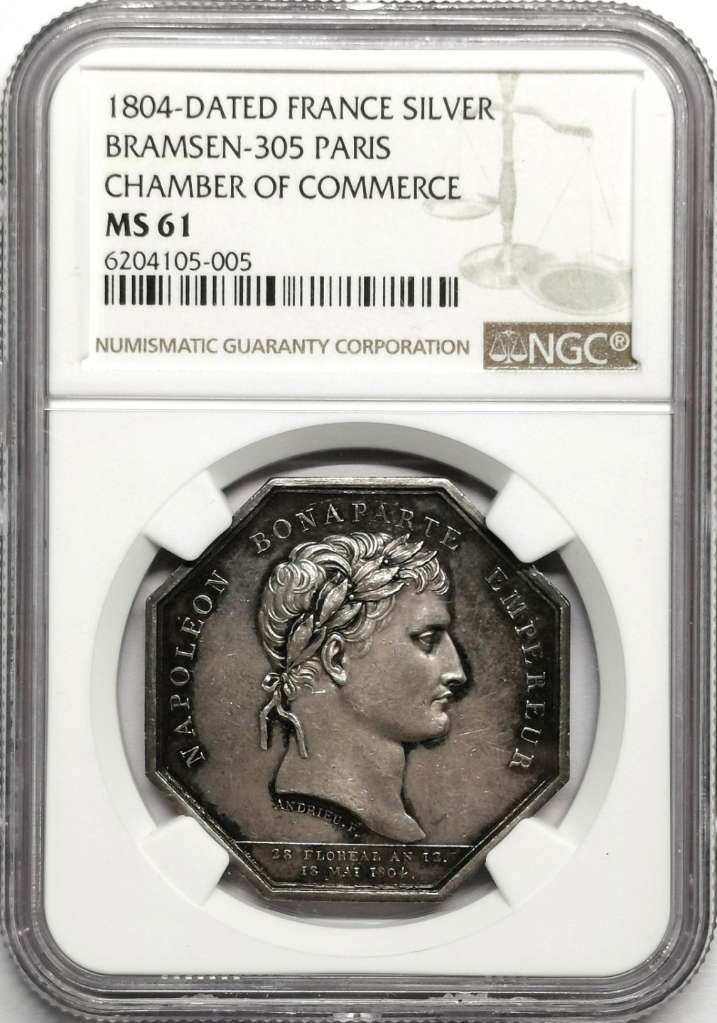 凡希社世界钱币微拍第二百三十三期 1804法国巴黎商会八角银章NGC-MS61
