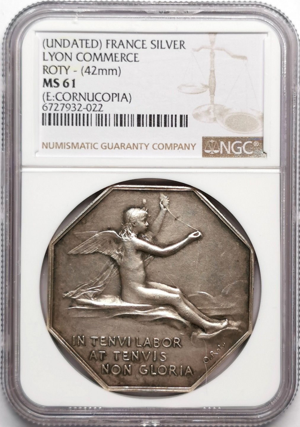 凡希社世界钱币微拍第二百三十三期 十九世纪法国里昂商会八角银章NGC-MS61 Roty作品！