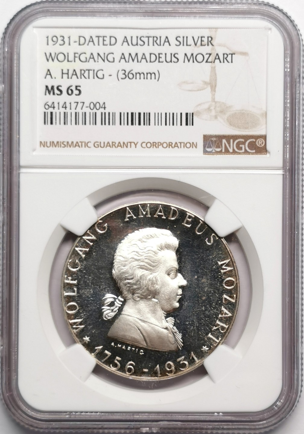 凡希社世界钱币微拍第二百三十三期 1931奥地利莫扎特诞辰175周年纪念银章NGC-MS65