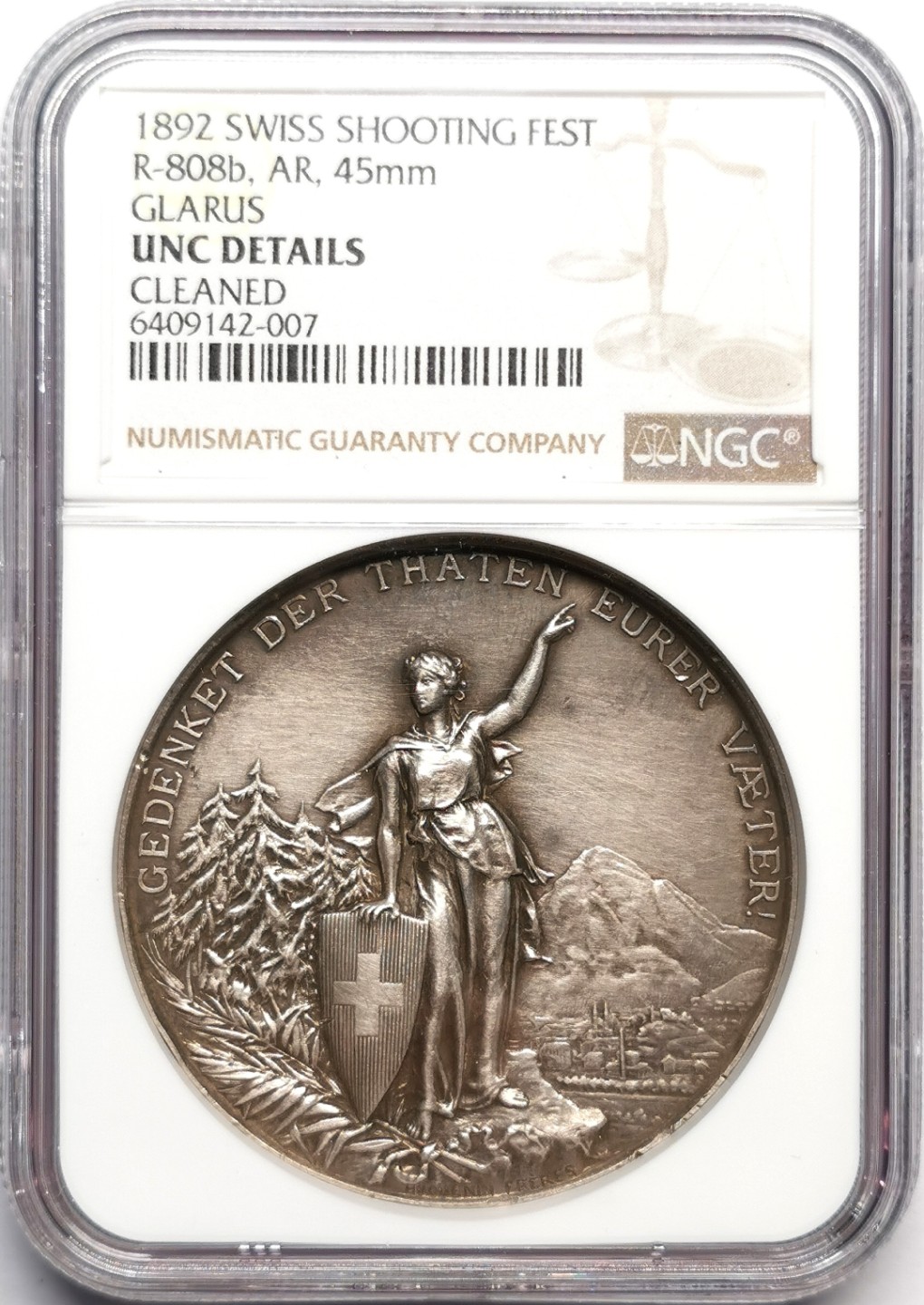凡希社世界钱币微拍第二百三十三期 1892瑞士格拉鲁斯射击节纪念银章NGC-UNCD