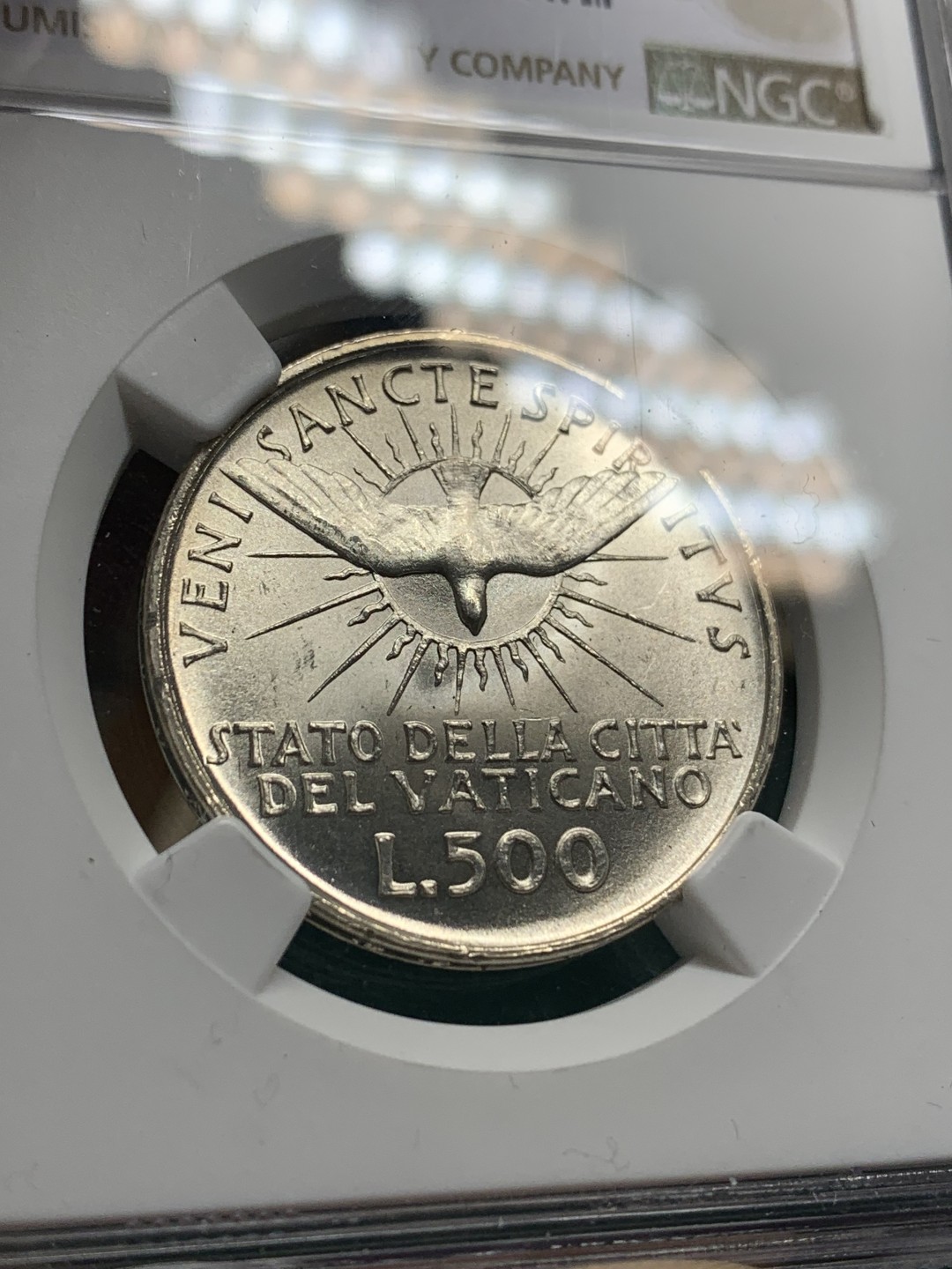 《竞宝斋》第147场-周日，周一 2场 (全场包邮) NGC-MS65 梵蒂冈1958年500里拉宗教缺位银币，高分品种