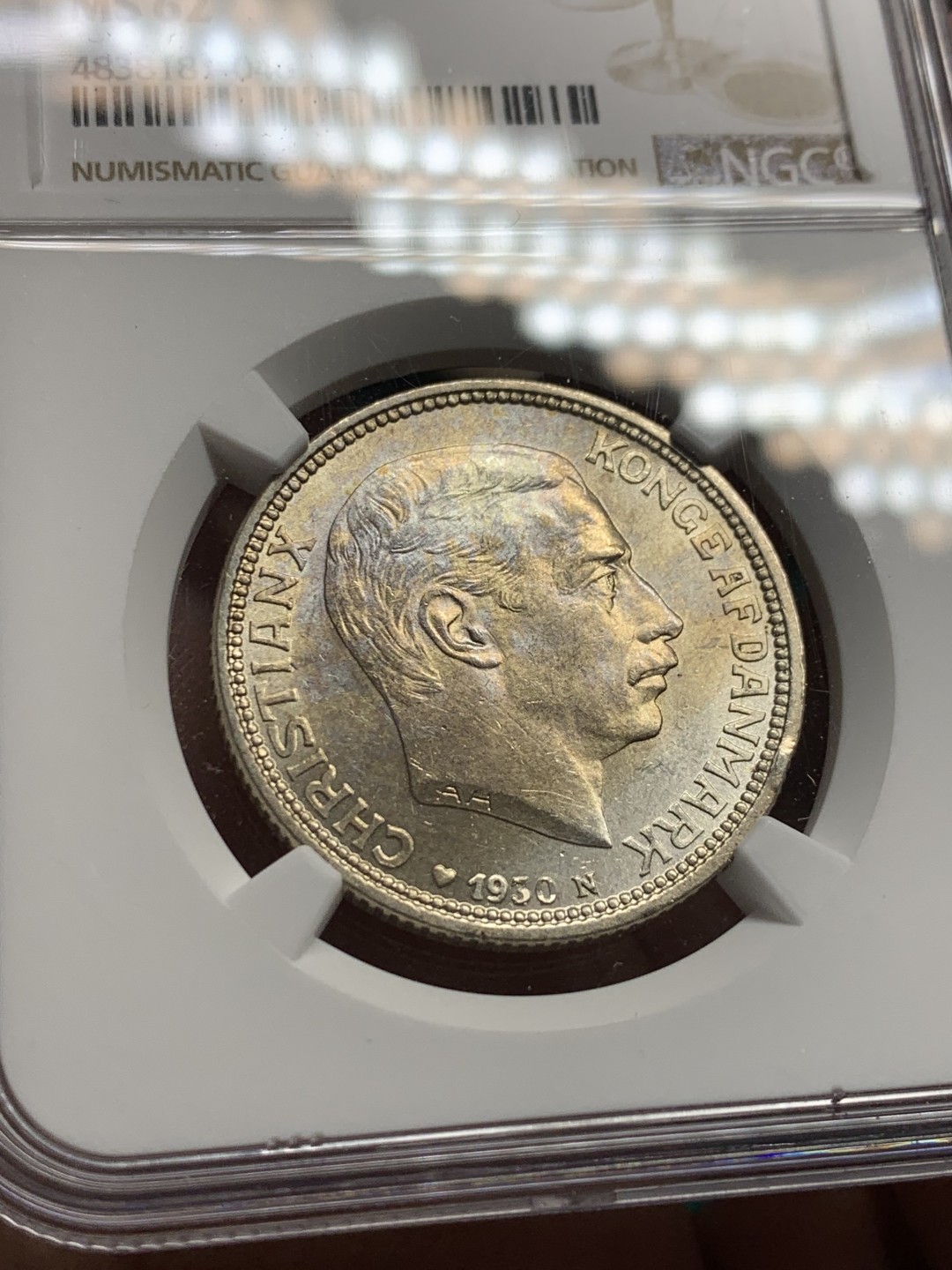 《竞宝斋》第147场-周日，周一 2场 (全场包邮) NGC MS62 丹麦 1930年 克里斯蒂安60岁生日 2克朗 银币