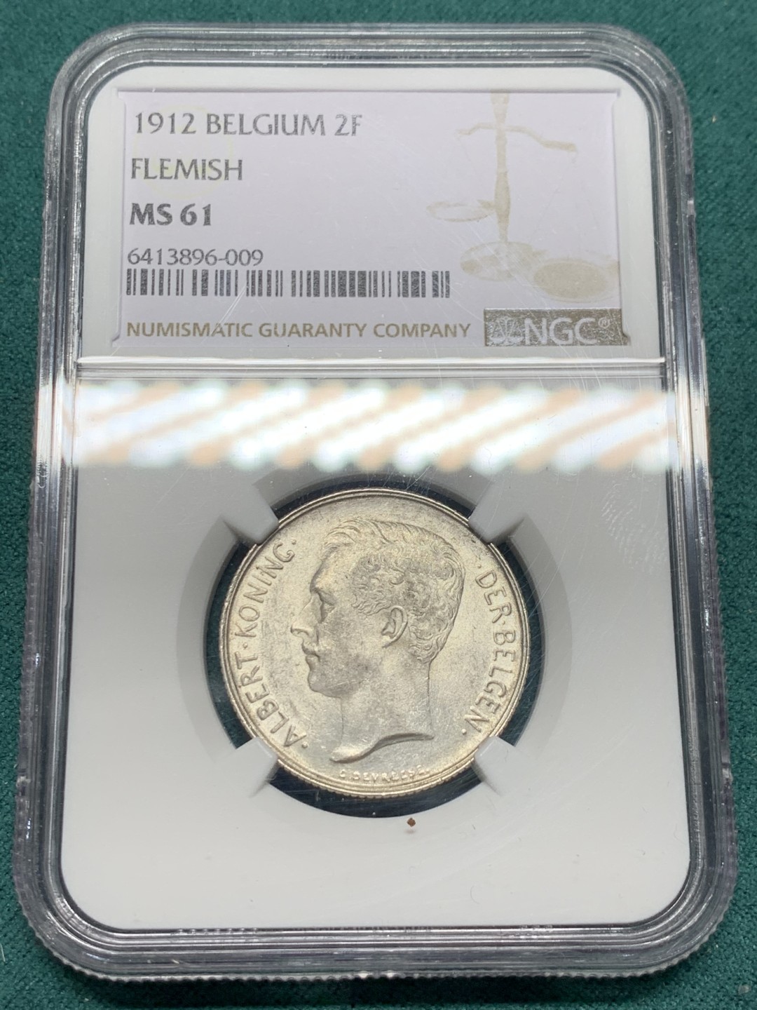 《竞宝斋》第147场-周日，周一 2场 (全场包邮) NGC-MS61 比利时1912年 阿尔贝托2法郎银币 原光好品 少见