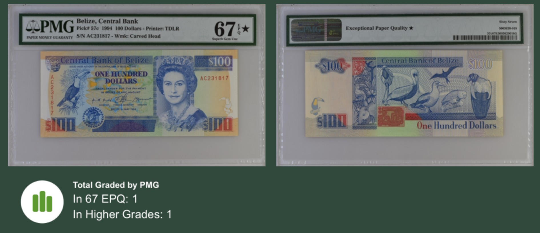收藏联盟Quantum Auction 第244期拍卖  伯利兹1994年100元 PMG67 加星 唯一一张67 首发AA冠 大长条