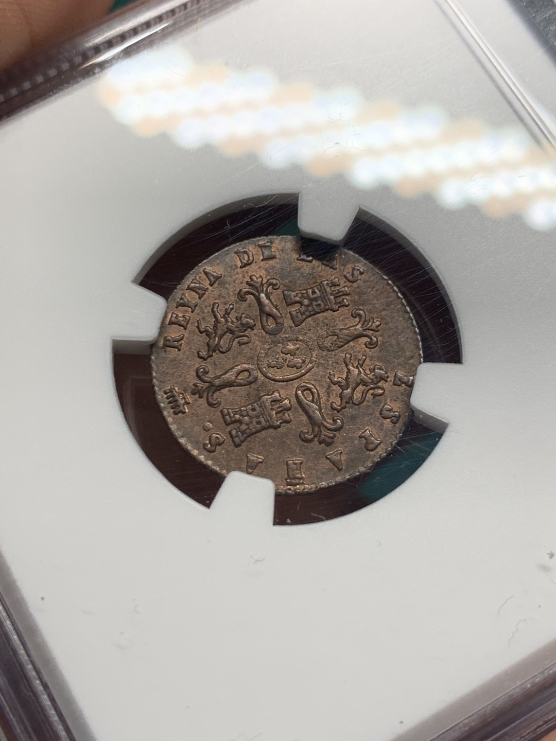 《竞宝斋》第147场-周日，周一 2场 (全场包邮) NGC-MS62 西班牙1840年 猪妹妹伊萨贝拉女王 2M铜币 塞戈维亚造币厂 非常少见的版式和厂名