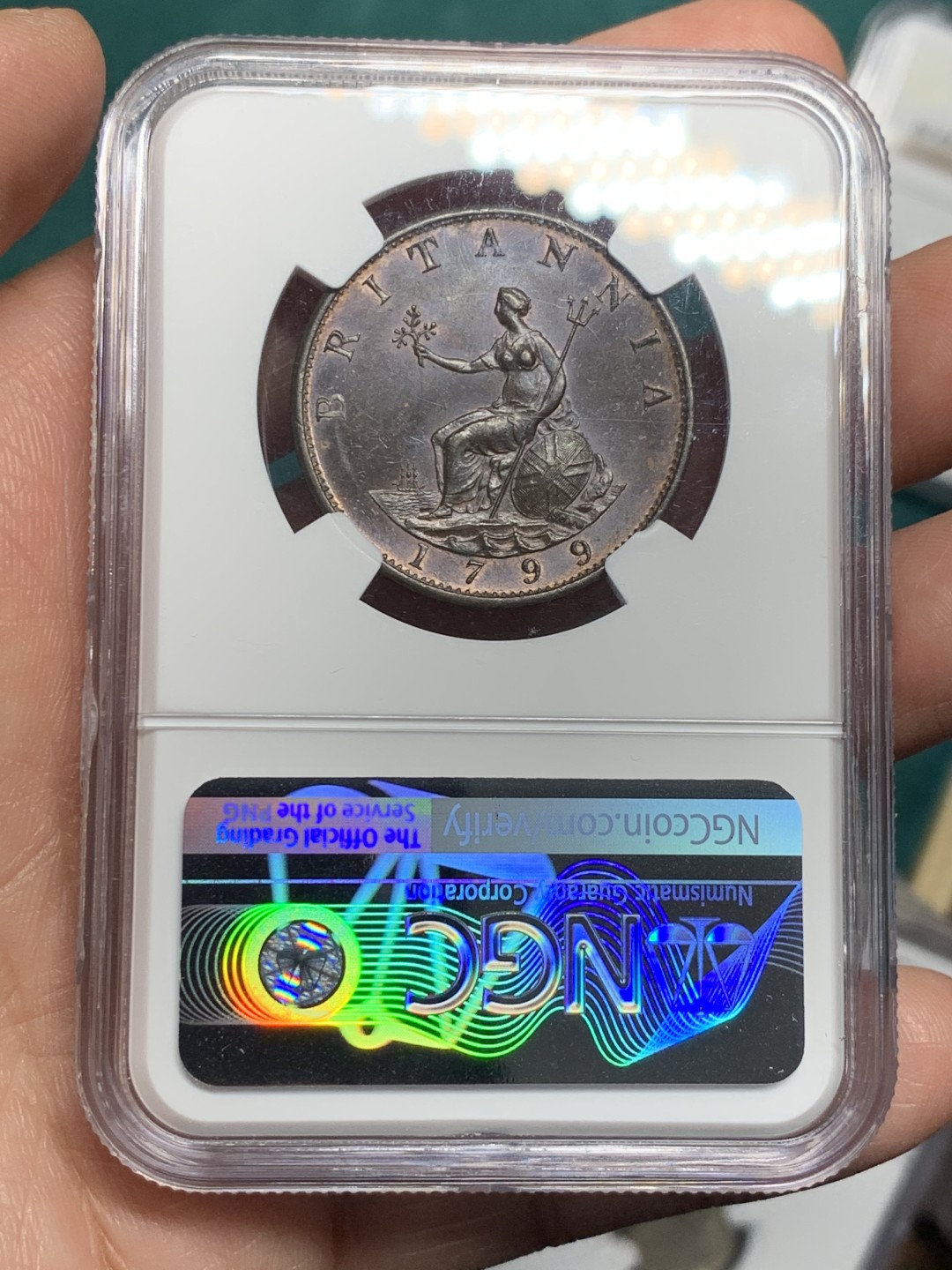 《竞宝斋》第147场-周日，周一 2场 (全场包邮) NGC MS63BN 英国1799 乔三1/2便士 铜币 高分难得