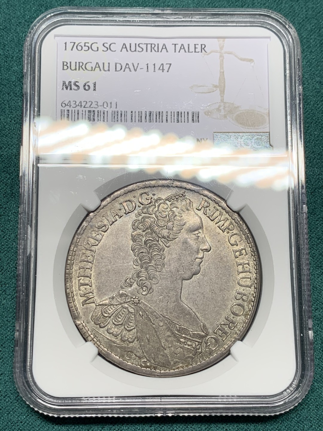 《竞宝斋》第147场-周日，周一 2场 (全场包邮) 亚军分 NGC 1765年MS61 奥地利 原铸大奶妈1泰勒银币，（金茨堡）布尔高厂铸造，打制良好无减重痕