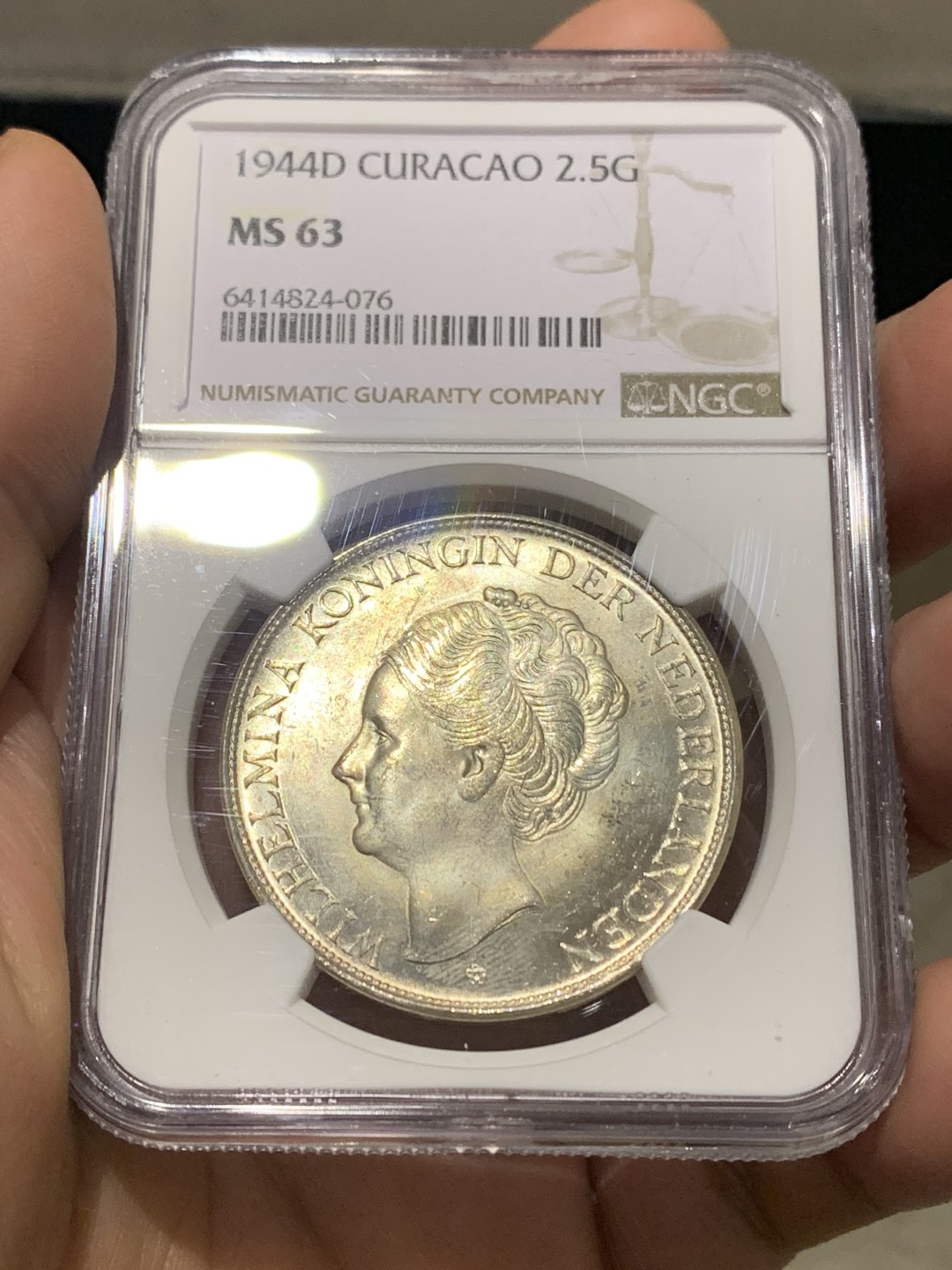 《竞宝斋》第147场-周日，周一 2场 (全场包邮) NGC-MS63 荷属库拉索群岛 1944年 威廉米娜女王2.5盾大银币 原光好品 殖民地系列