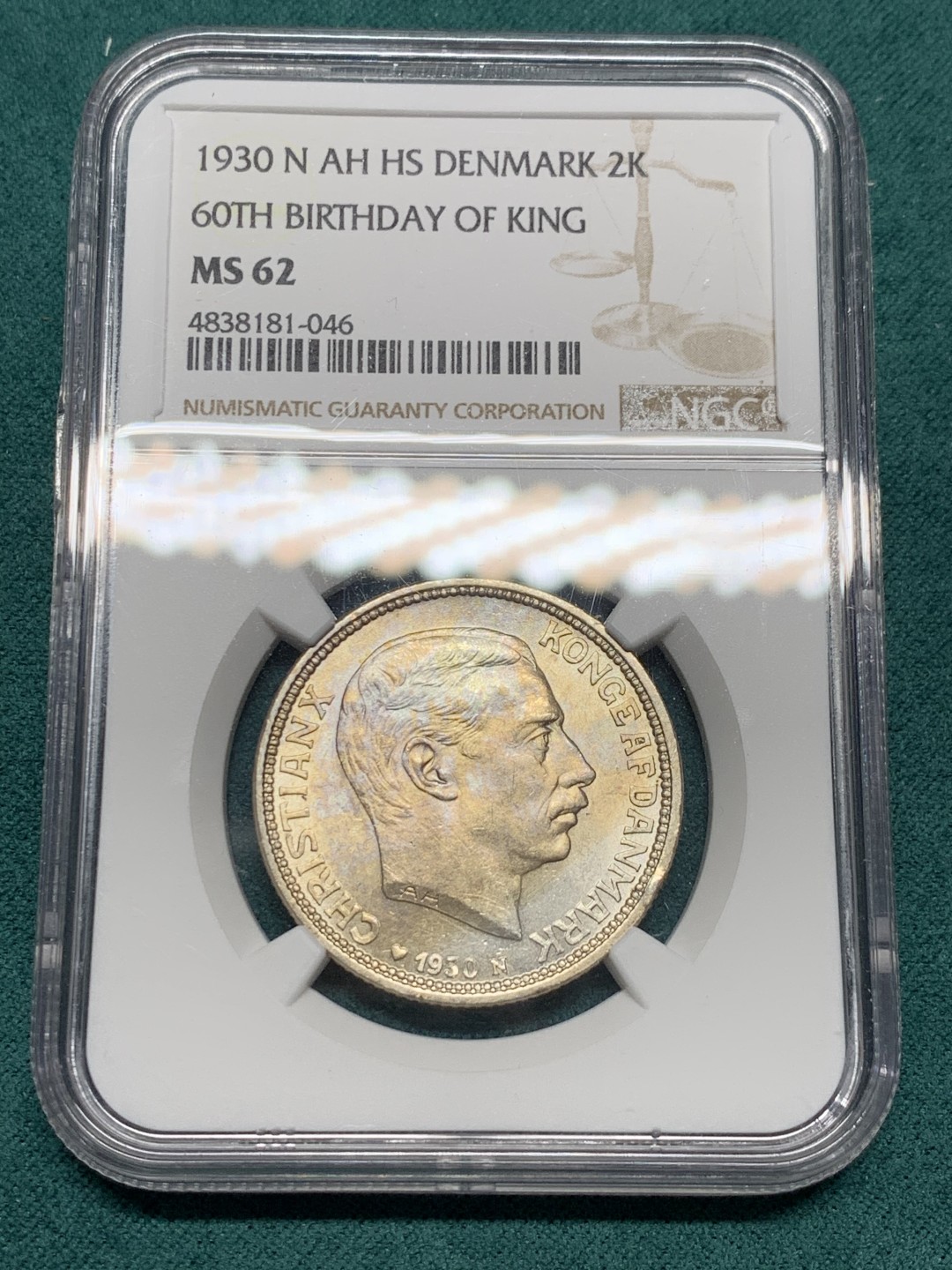 《竞宝斋》第147场-周日，周一 2场 (全场包邮) NGC MS62 丹麦 1930年 克里斯蒂安60岁生日 2克朗 银币