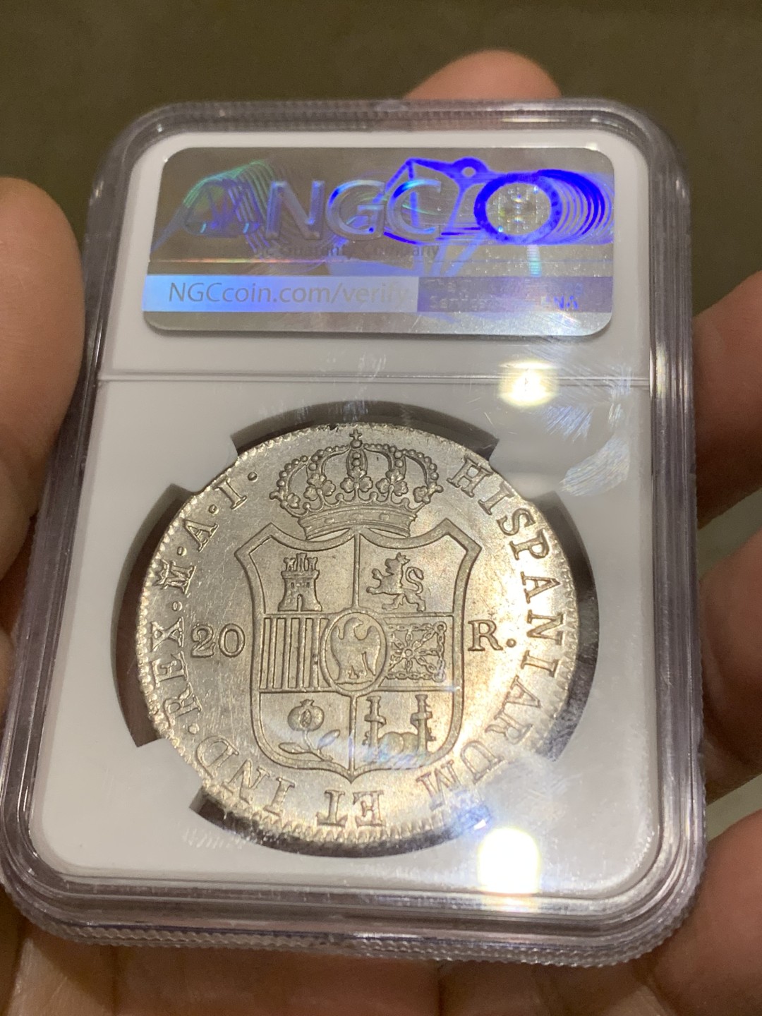 《竞宝斋》第147场-周日，周一 2场 (全场包邮) NGC AU58 1810年 法占西班牙 约瑟夫拿破仑20R银币，细节极佳 发丝清晰 光感十足 低评了