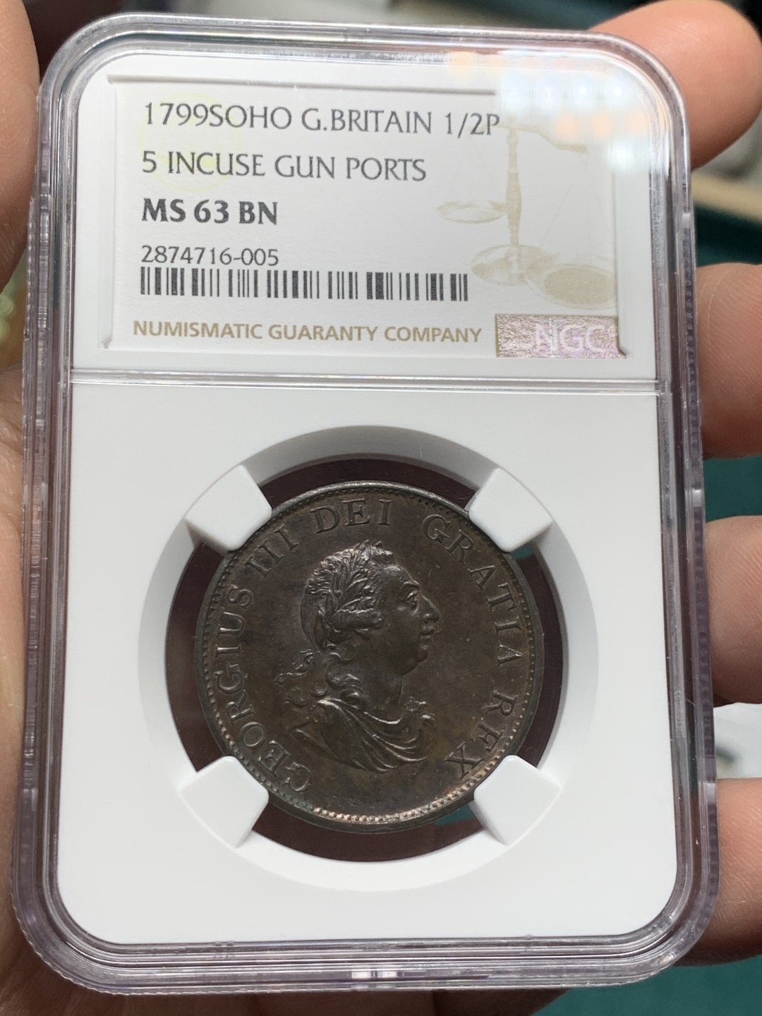 《竞宝斋》第147场-周日，周一 2场 (全场包邮) NGC MS63BN 英国1799 乔三1/2便士 铜币 高分难得