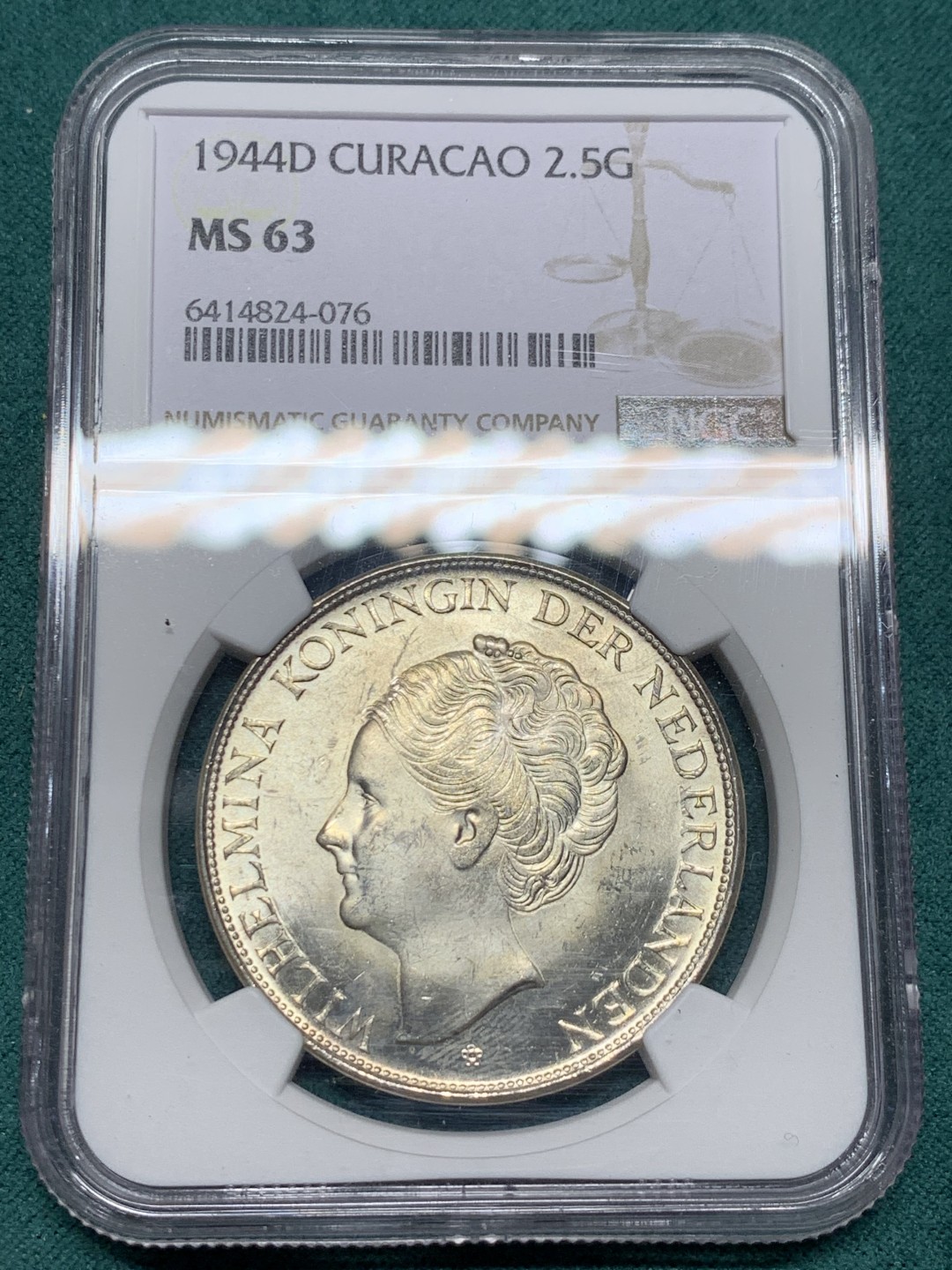 《竞宝斋》第147场-周日，周一 2场 (全场包邮) NGC-MS63 荷属库拉索群岛 1944年 威廉米娜女王2.5盾大银币 原光好品 殖民地系列