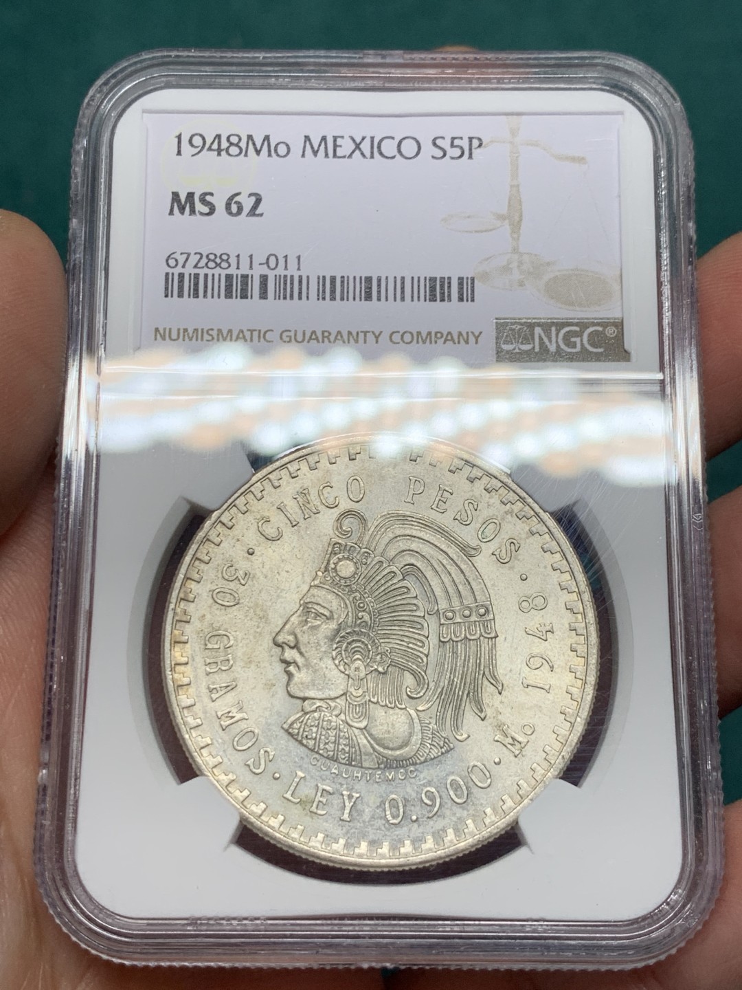 《竞宝斋》第147场-周日，周一 2场 (全场包邮) NGC-MS62 墨西哥1948年 印第安人5比索大银币 原光好品