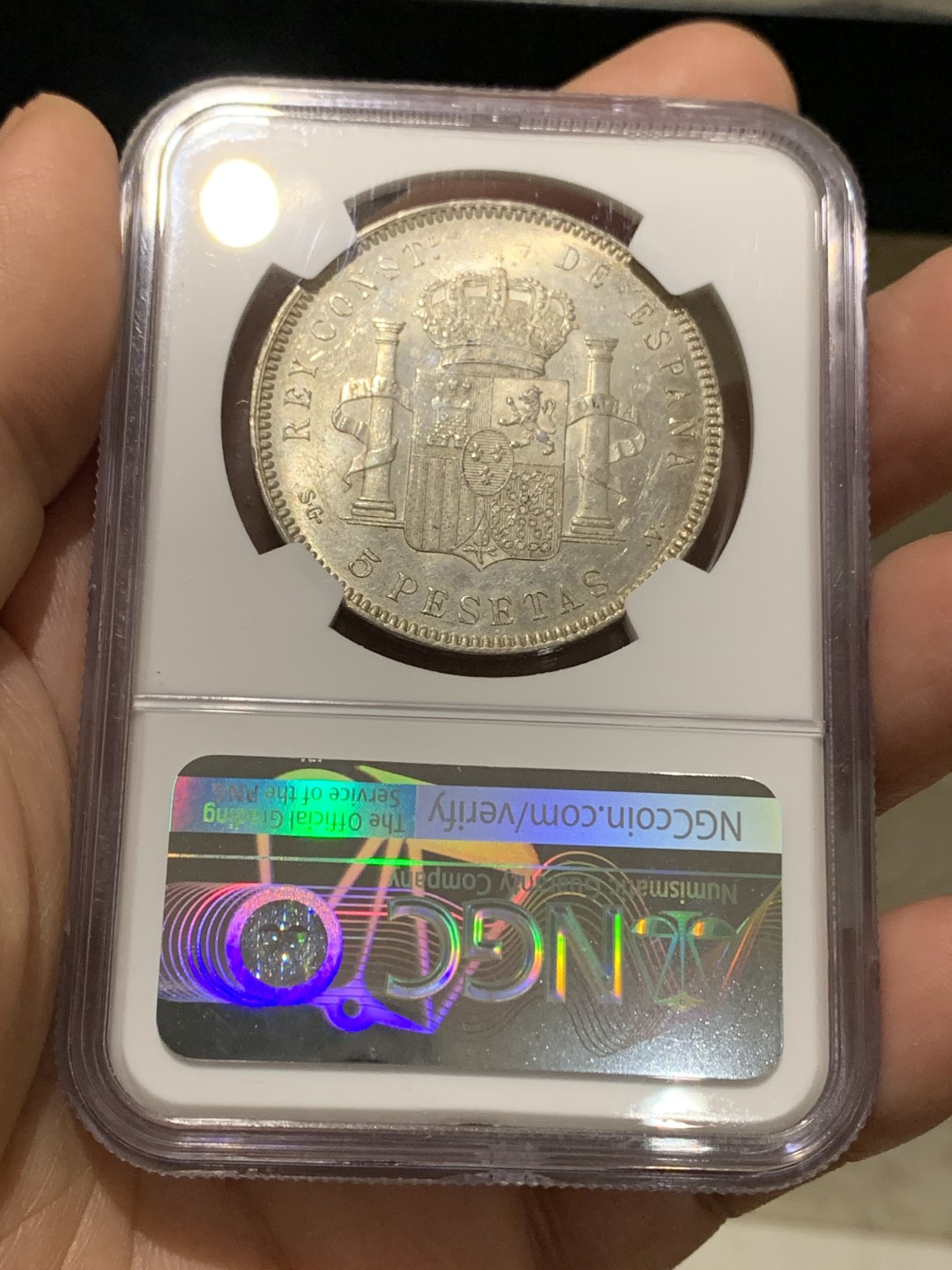 《竞宝斋》第147场-周日，周一 2场 (全场包邮) NGC-MS61 西班牙1899年 阿方索十三世5比塞塔 双柱大银币 原光带彩