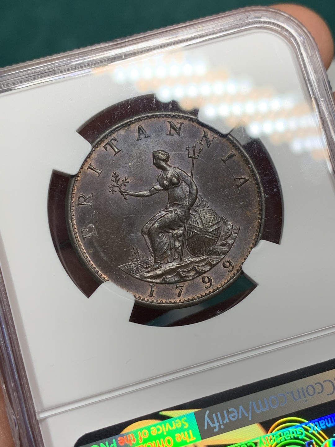 《竞宝斋》第147场-周日，周一 2场 (全场包邮) NGC MS63BN 英国1799 乔三1/2便士 铜币 高分难得