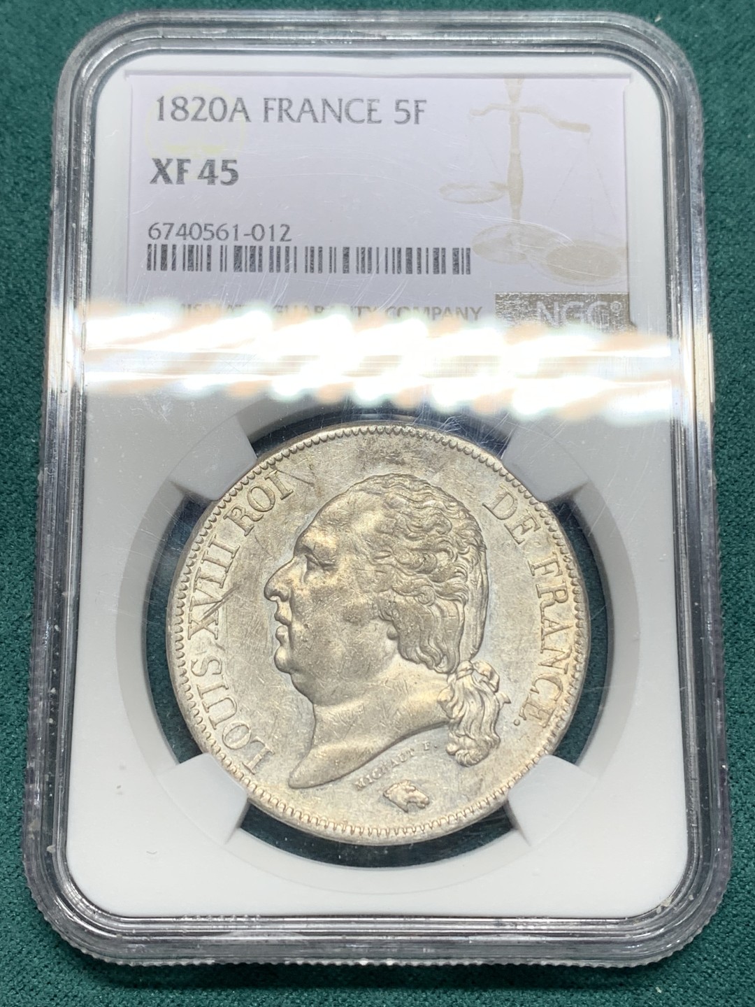 《竞宝斋》第147场-周日，周一 2场 (全场包邮) NGC XF45 法国 1820年 巴黎造币厂 路易十八 5法郎银币 细节好带底光