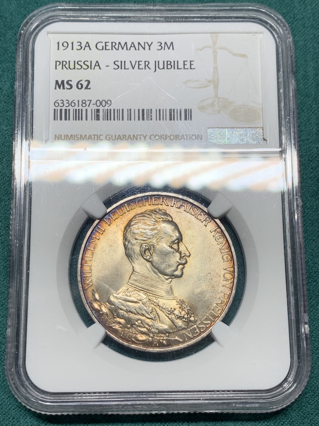 《竞宝斋》第147场-周日，周一 2场 (全场包邮) NGC-MS62 德国 1913年 3马克 银币 普鲁士 威廉二世军装版银币 金色包浆