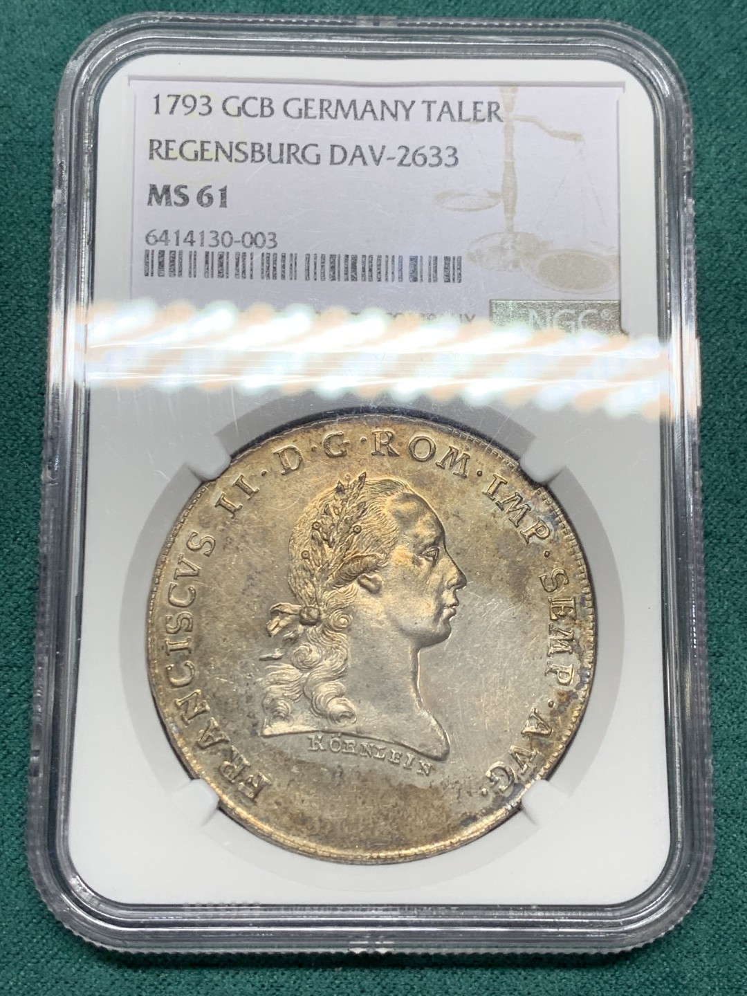 《竞宝斋》第147场-周日，周一 2场 (全场包邮) NGC MS61 1793神圣罗马帝国末代皇帝弗朗茨二世雷根斯堡市 景观大泰勒银币，价格平稳上涨的品种，老包浆，带点PL的感觉。很漂亮