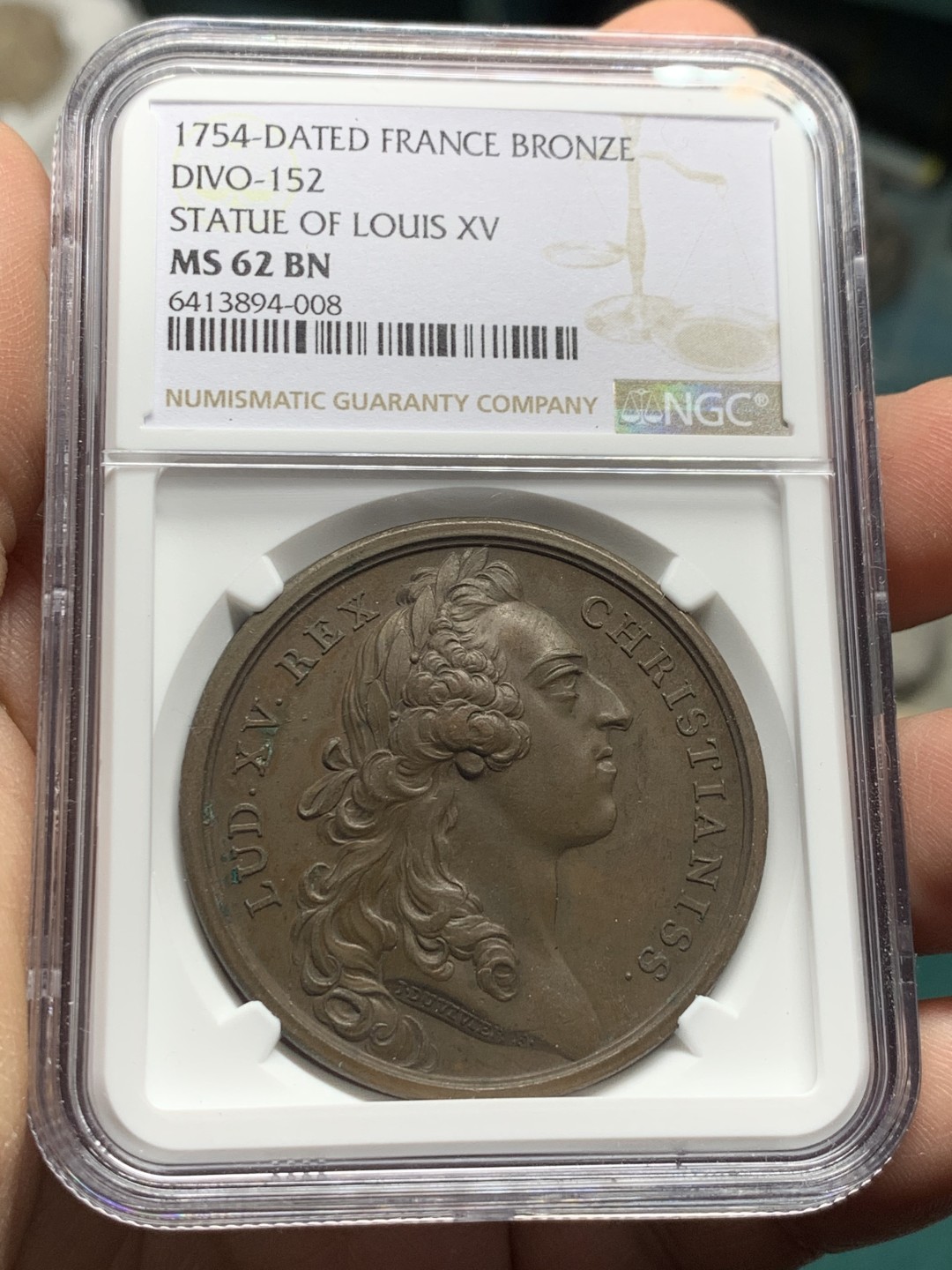《竞宝斋》第147场-周日，周一 2场 (全场包邮) NGC-MS62 法国1754年 路易十五 宣誓高浮雕大铜章 稀少品种