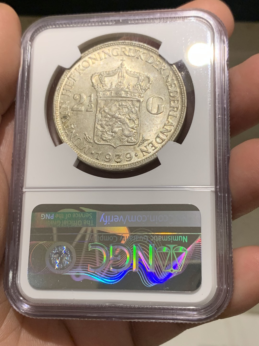 《竞宝斋》第147场-周日，周一 2场 (全场包邮) NGC-MS62 荷兰1939年 威廉米娜2.5盾大银币 原光好品