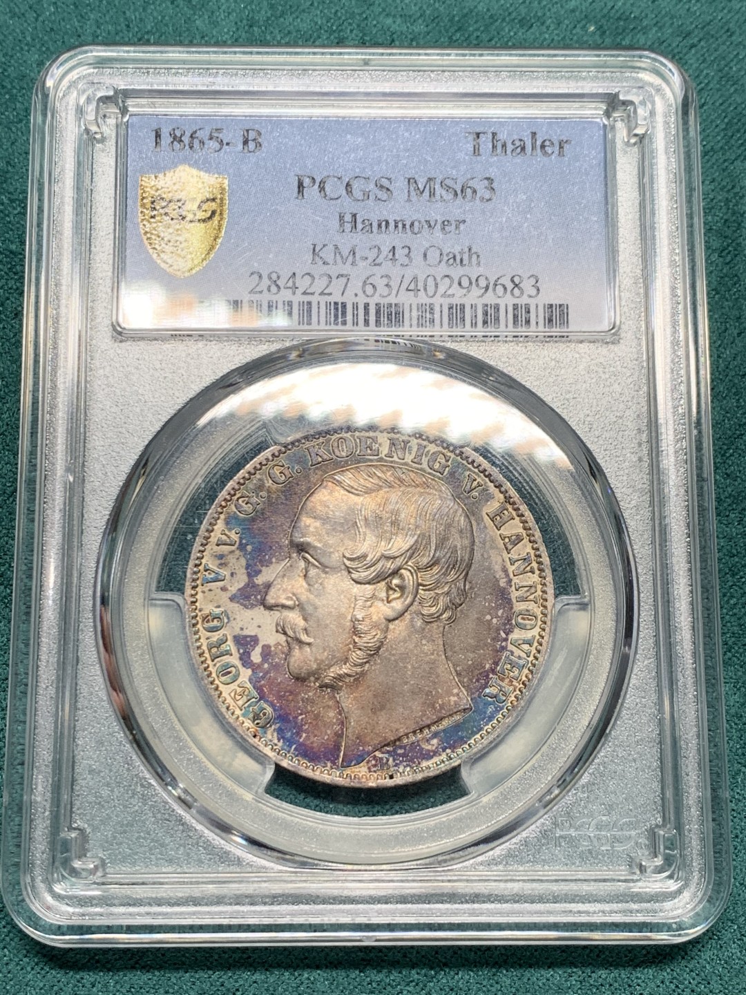 《竞宝斋》第147场-周日，周一 2场 (全场包邮) PCGS MS63 1865-b 汉诺威橡树泰勒银币 漂亮五彩包浆十分难得