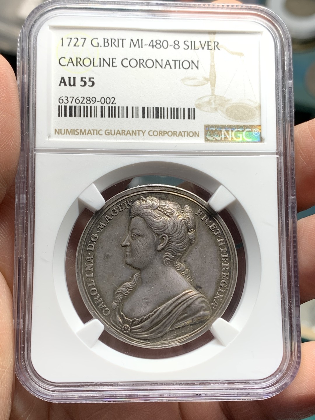 《竞宝斋》第147场-周日，周一 2场 (全场包邮) NGC-AU55 英国1727年卡罗琳娜女王登基纪念 银章