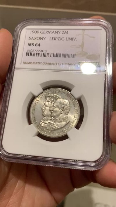 《竞宝斋》第147场-周日，周一 2场 (全场包邮) NGC-MS64 德国1909年 莱比锡大学2马克银币 顶级好品