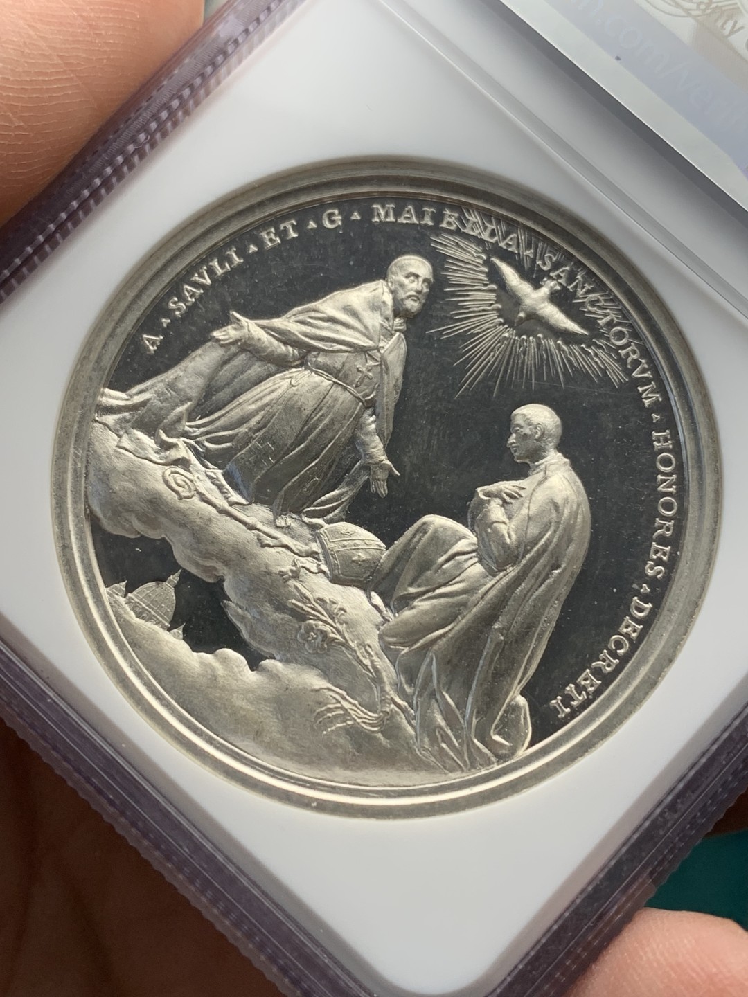 《竞宝斋》第147场-周日，周一 2场 (全场包邮) NGC-MS64 梵蒂冈1904 教宗庇护十世封圣银章 高分 浮雕美工艺佳