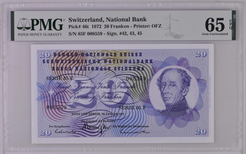 收藏联盟Quantum Auction 第244期拍卖  瑞士1972年20法郎 PMG65
