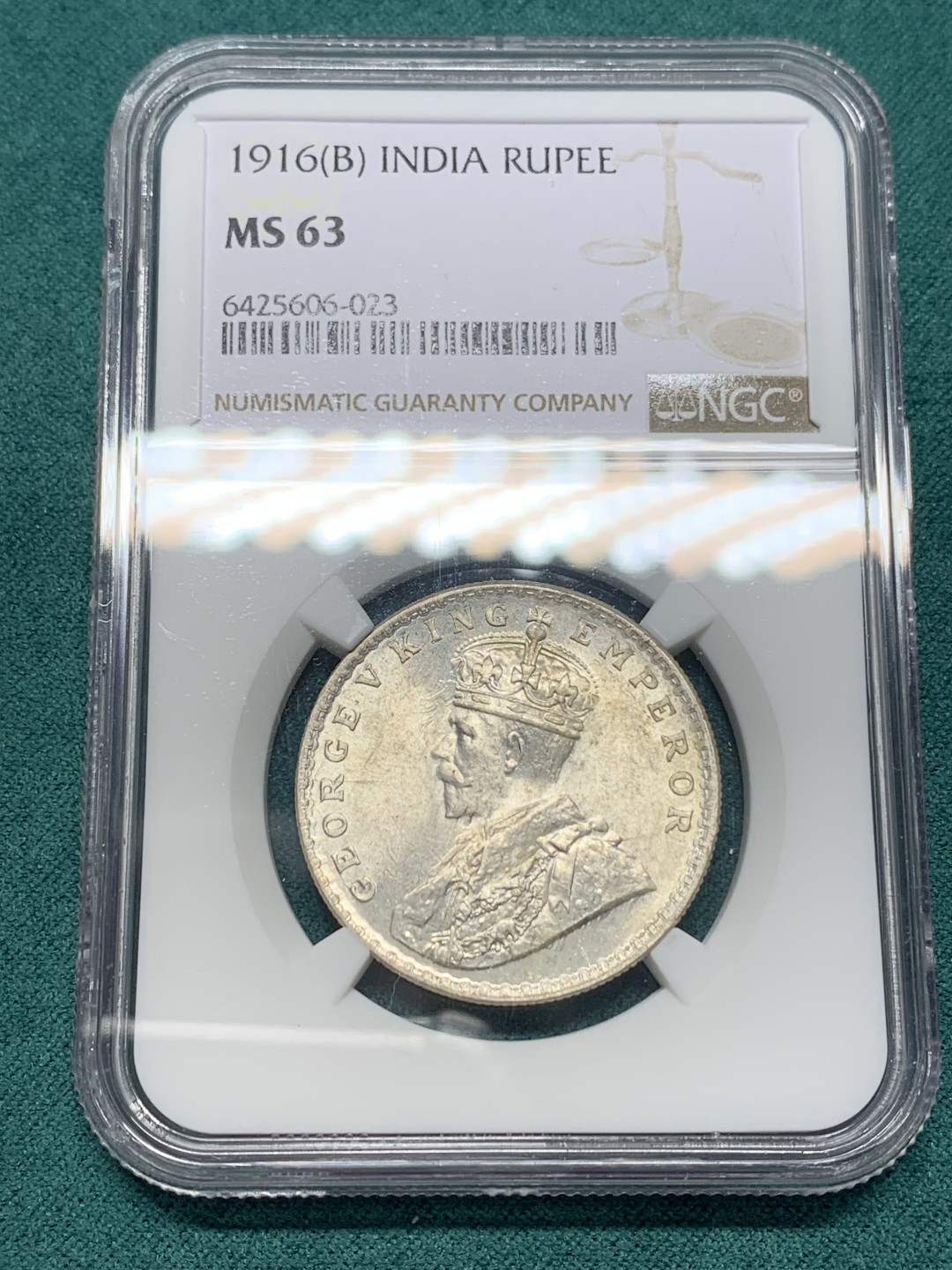 《竞宝斋》第147场-周日，周一 2场 (全场包邮) NGC-MS63印度1916年1卢比银币 强光好状态严重低评