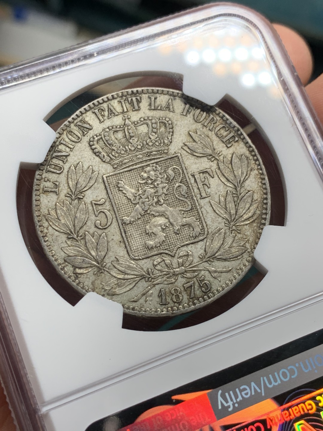 《竞宝斋》第147场-周日，周一 2场 (全场包邮) NGC-AU53 比利时 1875年 利奥波德一世 5法郎大银币 原味好品